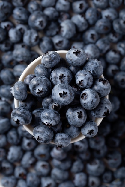 Vertical shot of a bowl of blueberries with blueberries in the background