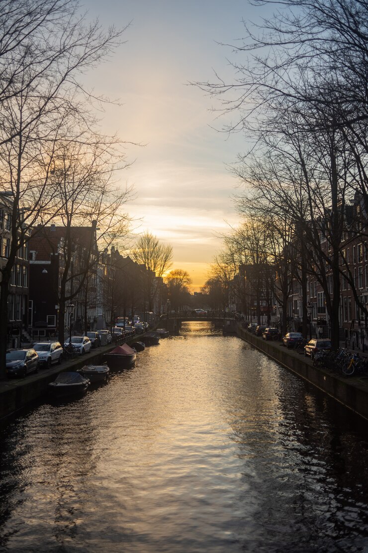 Free Photo vertical shot of a breathtaking sunset over the river in south-eastern amsterdam