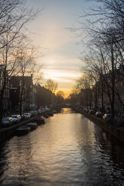 アムステルダム南東部の川に沈む夕日の垂直ショット