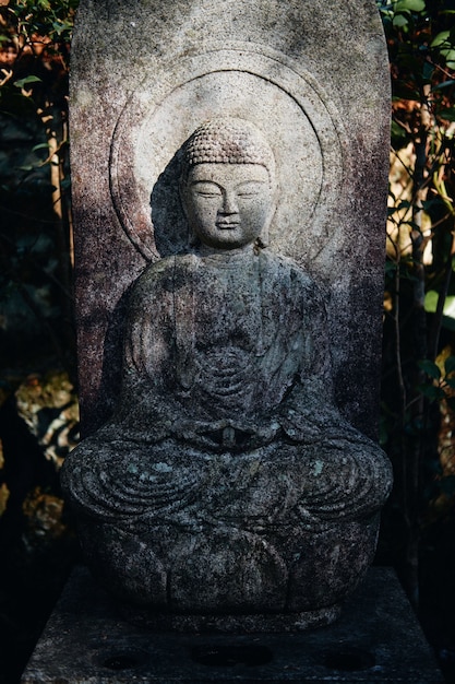 Vertical shot of a Buddhist statue in the Mitaki-Dera temple in Hiroshima, Japan