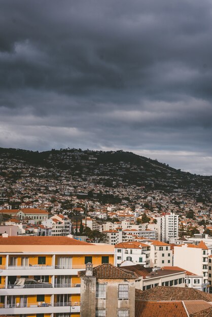 Vertical shot of buildings on the mountain under a cloudy sky in Funchal, Madeira, Portugal.