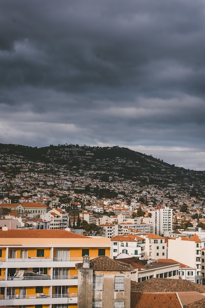 Funchal, 마데이라, 포르투갈에서 흐린 하늘 아래 산에 건물의 세로 샷.