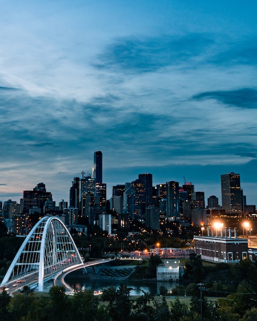 Free photo vertical shot of the busy city reflecting in the river