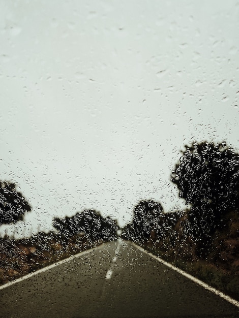 Foto gratuita ripresa verticale del parabrezza di un'auto durante la pioggia con vista su una strada