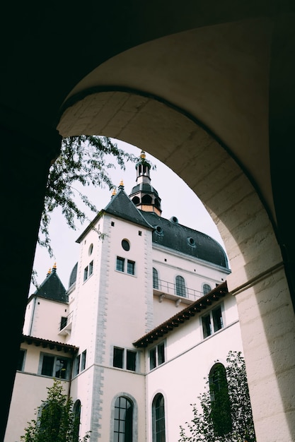 Foto gratuita colpo verticale di una cattedrale e degli alberi catturati da un corridoio a forma di arco