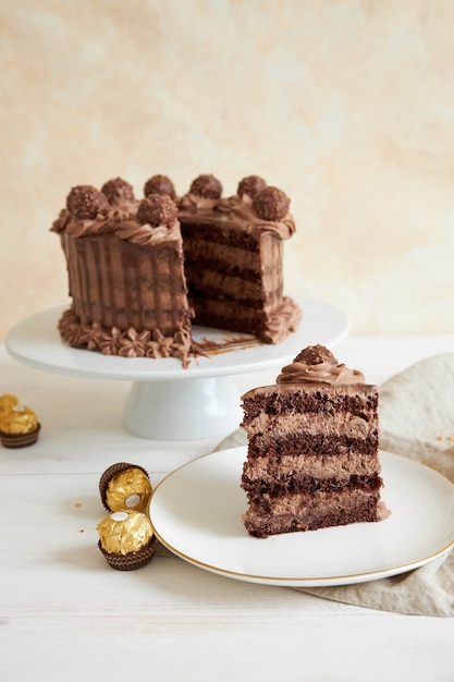 Вертикальный снимок шоколадного торта и кусочка на тарелке рядом с кусочками шоколада