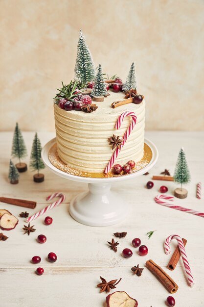 Вертикальный снимок рождественского торта с ягодами и корицей и рождественских украшений