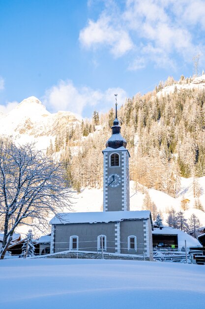 Vertical shot of a clock tower with snow-covered mountains