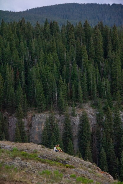 Vertical shot of a couple sitting on a cliff with forested mountains