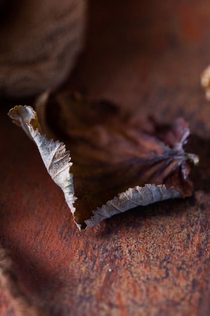 Vertical shot of dried autumn leaves on a dark brown table