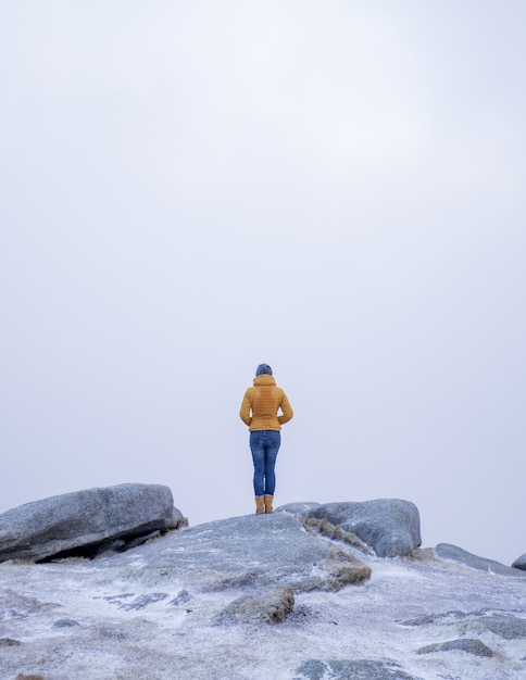 Vertical shot of a female in a yellow coat standing on the stone in the snowy mountains