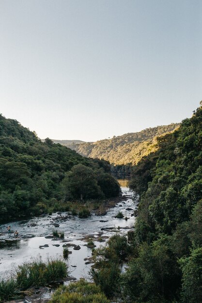 Вертикальный снимок текущей реки в окружении гор с чистым небом
