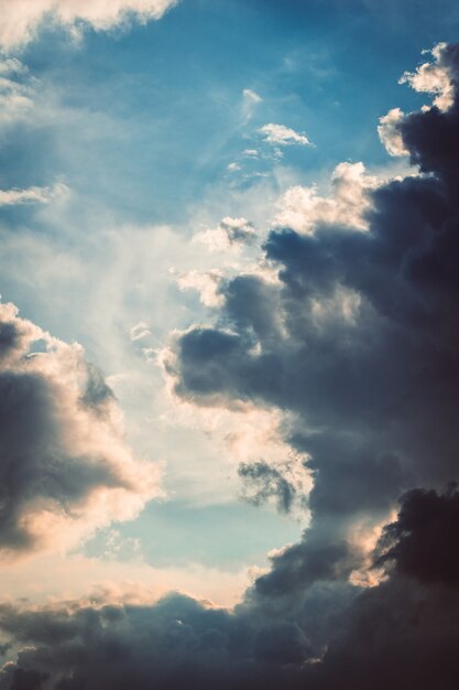 空に集まるふわふわの白い雲の縦のショット