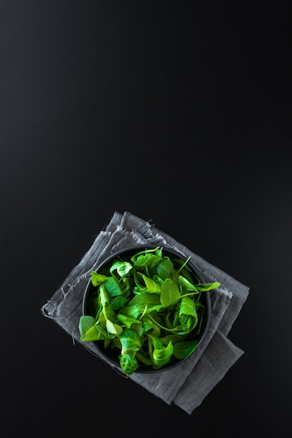 Vertical shot of green leaves canonigos and rucula