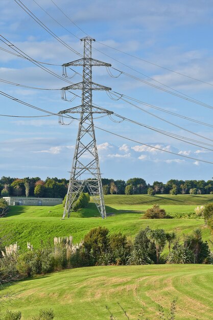 手前に緑の牧草地がある高電圧電気塔の垂直ショット