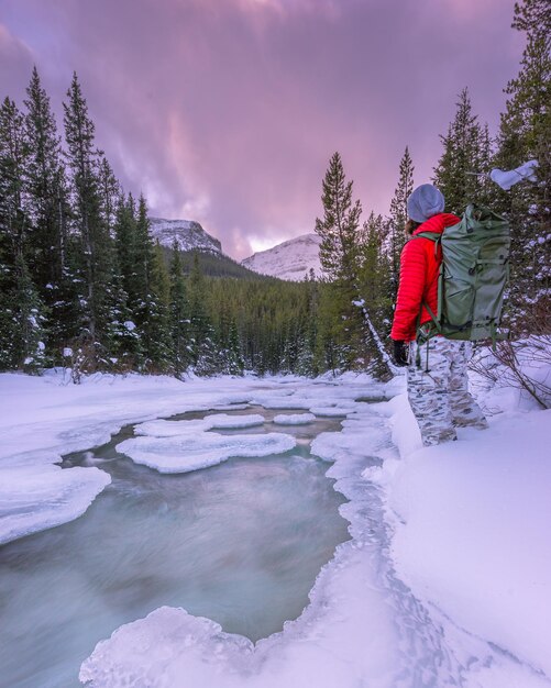 Vertical shot of hiker by a frozen river in snowy mountains looking at the purple sunset sky