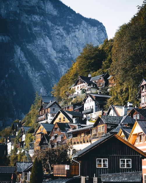 Vertical shot of a hill with cascade houses and trees. beautiful rooftops on an island under the sun