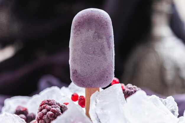 vertical shot of home-made vegan ice cream with berries and ice cubes