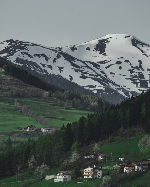 Vertical shot of the houses on a hill with the beautiful snow covered mountain