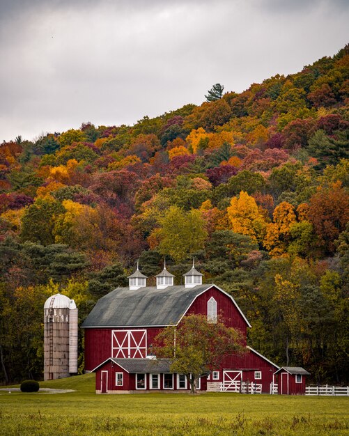 Vertical shot of a large barn near a hill with colorful autumn trees