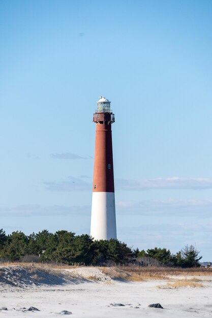 Vertical shot of a lighthouse at shore against a blue sky