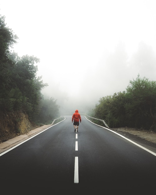 Foto gratuita colpo verticale di un maschio che cammina attraverso l'autostrada coperta dalla nebbia