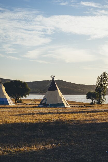 Vertical shot of modern tipis in a field