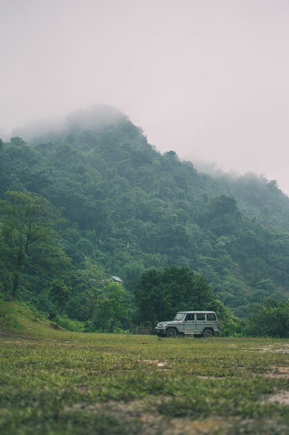 Vertical shot of mountains covered in greenery and a car