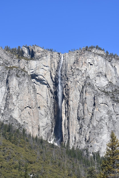Vertical shot of mountains with a waterfall under a clear blue sky