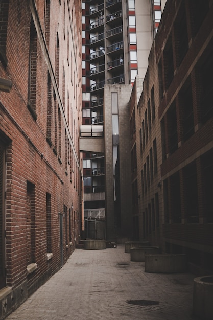 Free photo vertical shot of a narrow alleyway between brick buildings and a high-rise building