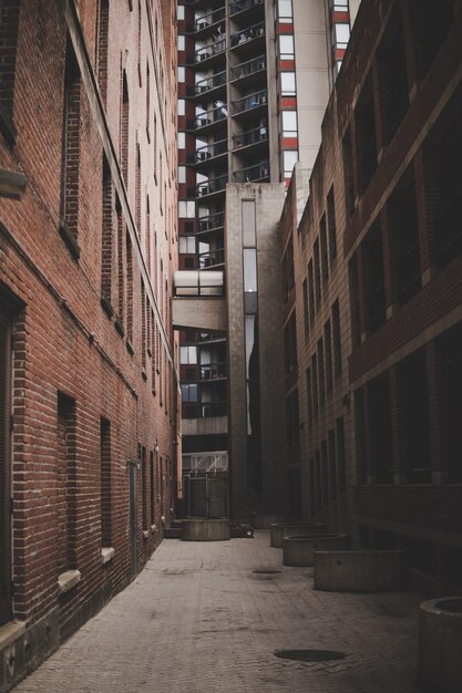 Vertical shot of a narrow alleyway between brick buildings and a high-rise building