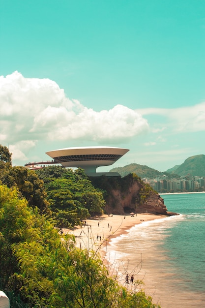 Vertical shot of the Niteroi Contemporary Art Museum in Brazil