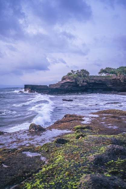 Вертикальный снимок берега океана со скалами в пасмурный день