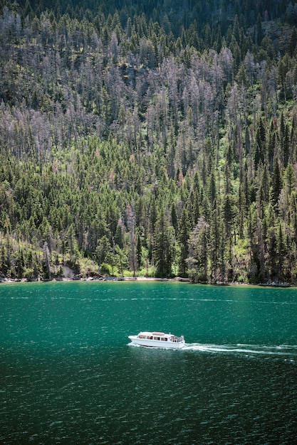 Вертикальный снимок корабля на озере у гор в национальном парке глейшер, сша Premium Фотографии