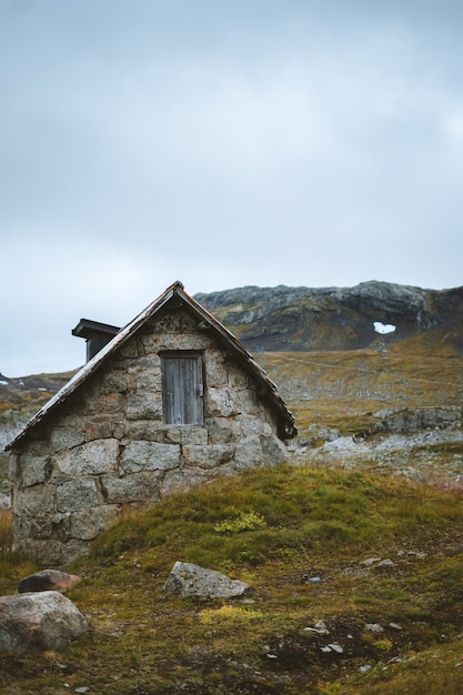 Vertical shot of an old abandoned cabin in a grassy field in Finse, Norway