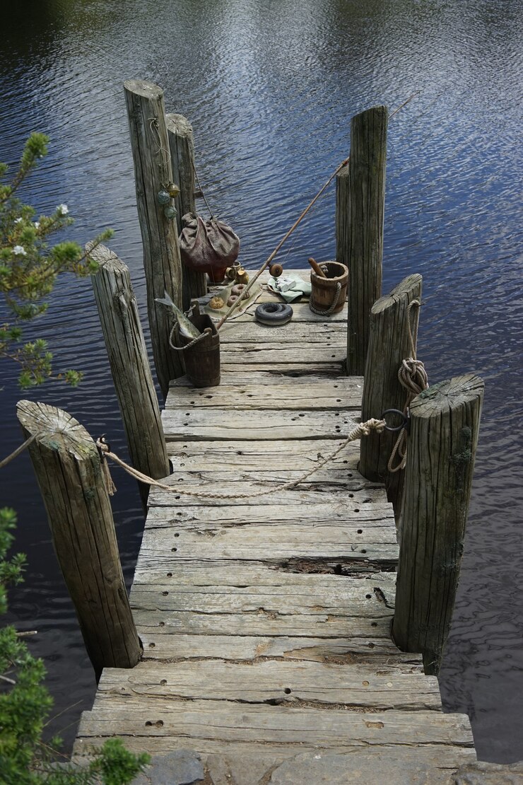 Free Photo vertical shot of an old deck on a lake under the sunlight