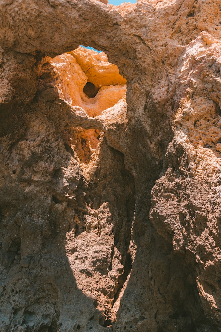 Free Photo vertical shot of an old rock formation with holes