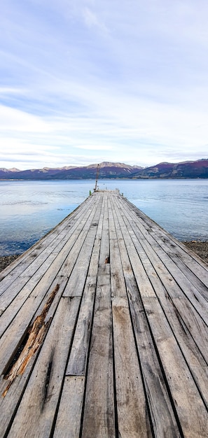 Vertical shot of an old wooden dock in the sea