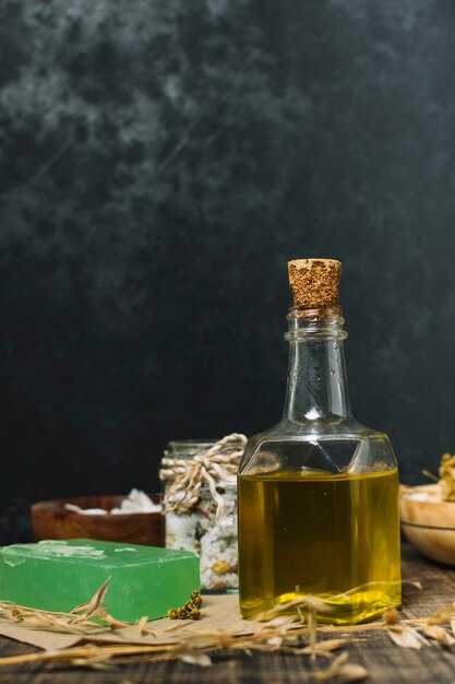 vertical shot olive oil with soap bar