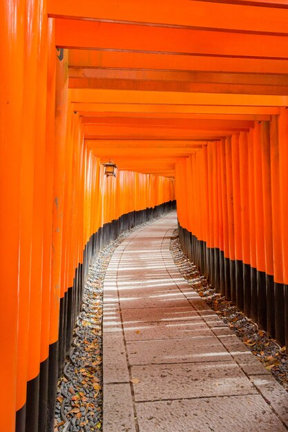 京都の伏見稲荷神社へのオレンジ色の入り口の垂直ショット