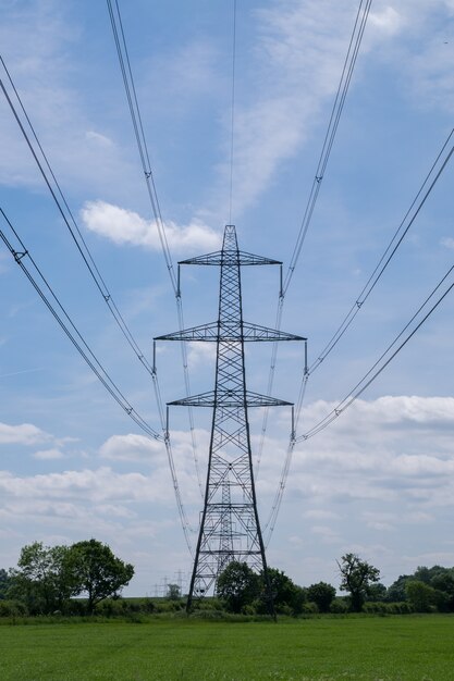 空の下の野原に立っている架空送電鉄塔の垂直ショット