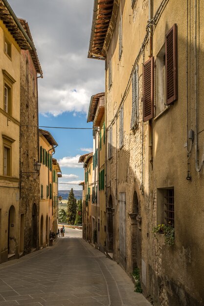 Vertical shot of a pathway in the middle of buildings at daytime