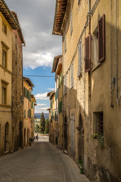 Vertical shot of a pathway in the middle of buildings at daytime