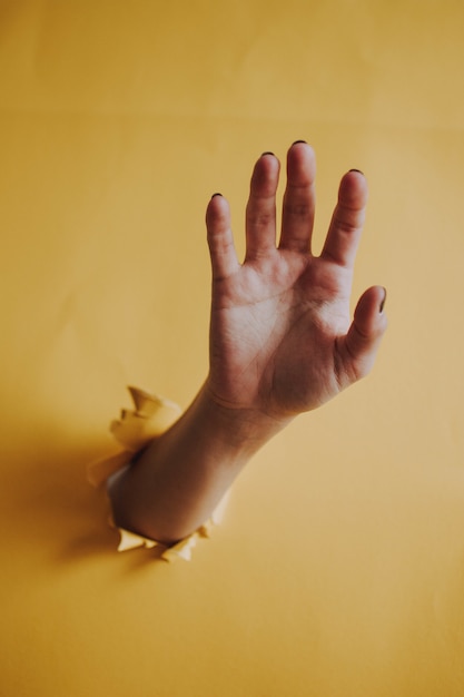 Free photo vertical shot of a person's hand palm breaking through a yellow paper wall