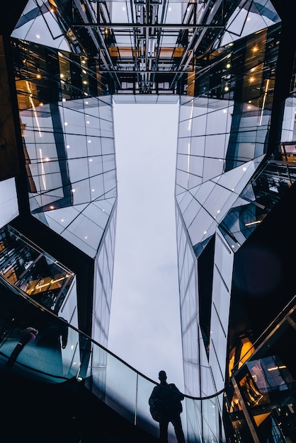 Vertical shot of a person standing between the skyscrapers