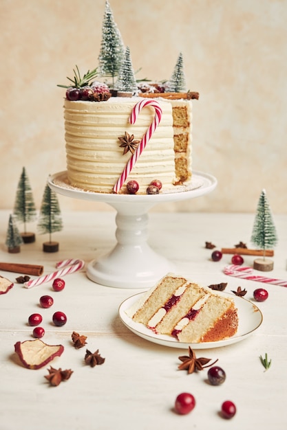 皿の上のケーキとクリスマスケーキの垂直ショット