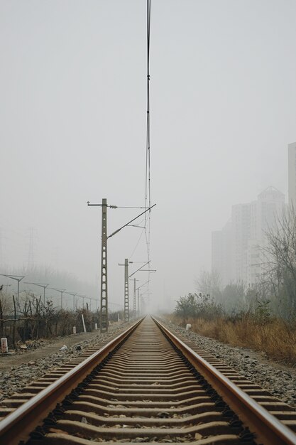 Vertical shot of railroad tracks under a cloudy sky