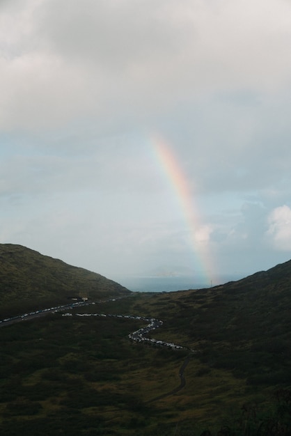 Vertical shot of a rainbow in the mountain valley with a cloudy sky