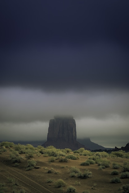 Foto gratuita colpo verticale di una formazione rocciosa nel mezzo di uno scenario deserto coperto di nebbia