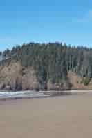 Foto gratuita colpo verticale di una formazione rocciosa presso la riva dell'oceano vicino a cannon beach, oregon, stati uniti d'america